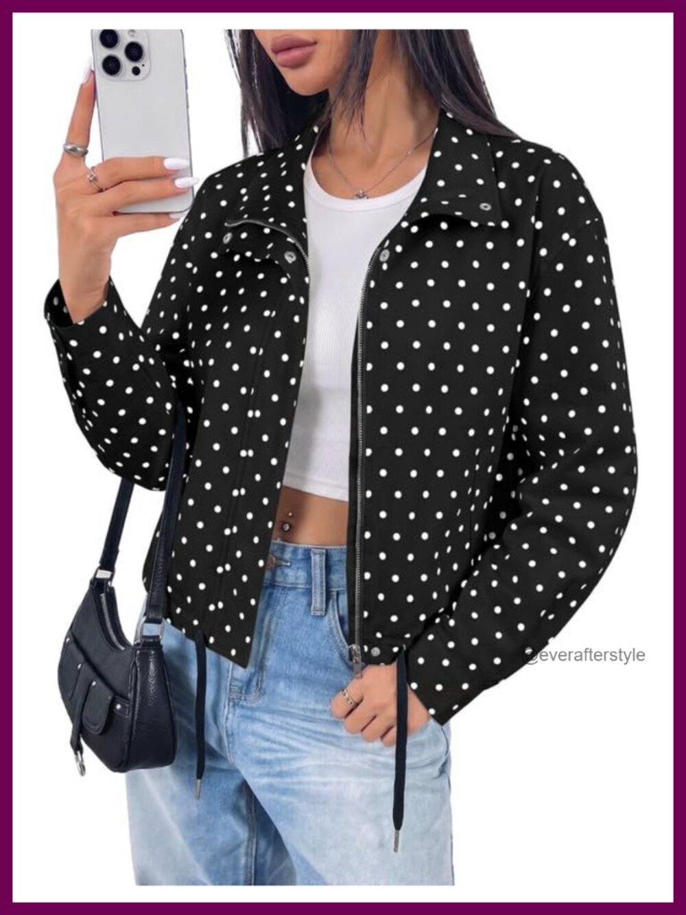 Women's Polka Dot Cropped Jacket Full Zip Funnel Neck with Pockets